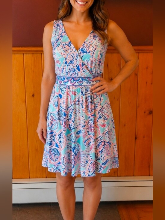 Lilly Pulitzer Dresses & Skirts - Lilly Pulitzer Belina Wrap Dress Shell Me About It Pink and Blue Size XXS